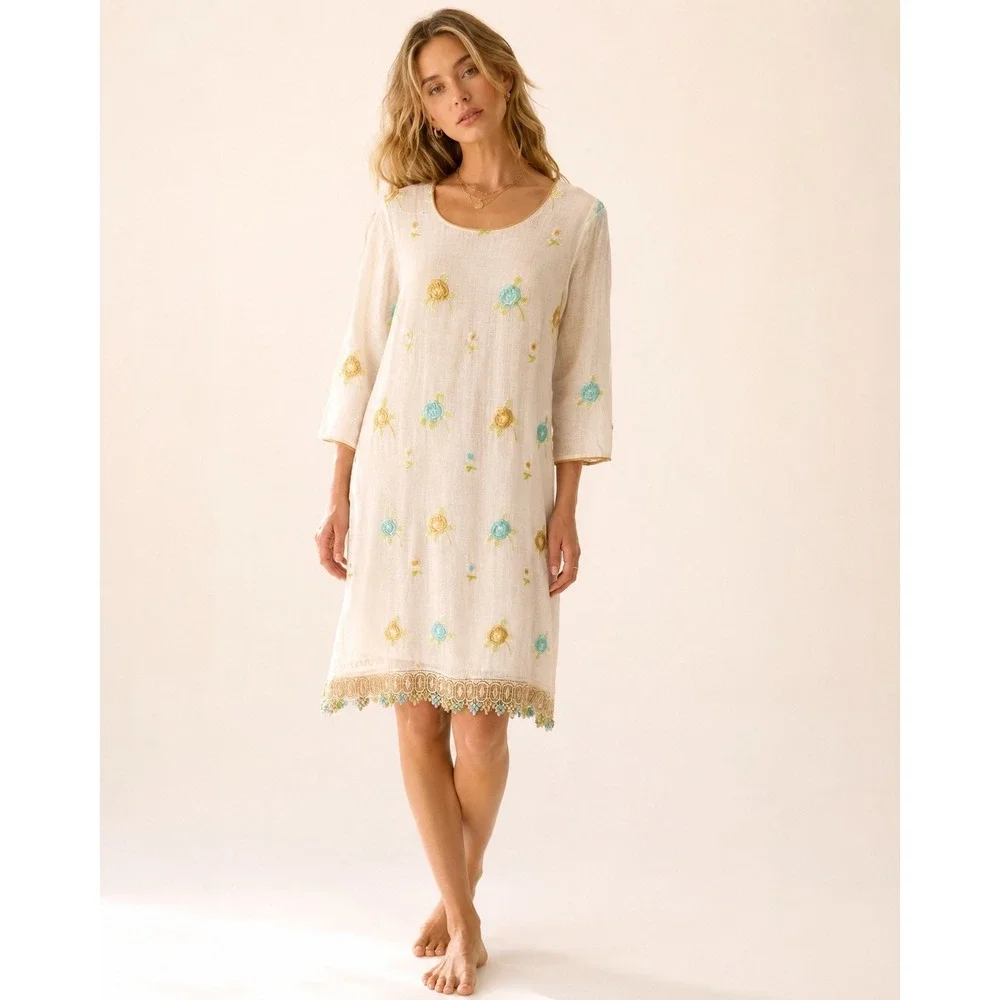 VTG Cottagecore Floral Embroidered Linen Midi Dress | white/Cream